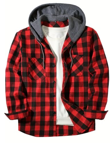 Générique Chemise avec Capuche Homme à Carreaux Flanelle Bûcheron Surchemise Manches Longues Boutons Chemise Décontractée