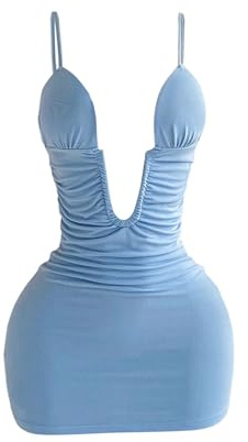 Verdusa Women's Low Cut Ruched Cami Dress Backless Mini Bodycon Dresses Rave Outfits Blue Medium