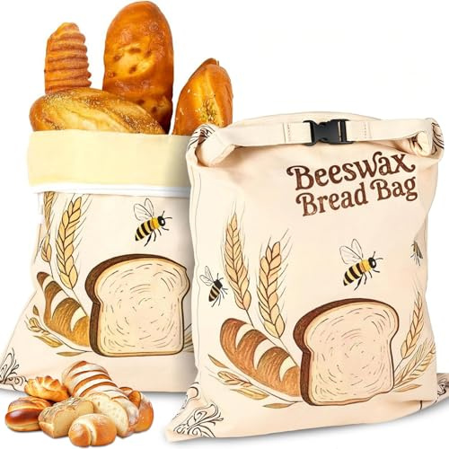 Beeswax Bread Bag, 2 Pack Reusable Beeswax Bread Bags for Homemade Bread, Storage Bread Bags to Keep Bread Fresh with Zipper & Buckle Closure, Natural Bees wax-Lined for Freezer, 43x33 cm