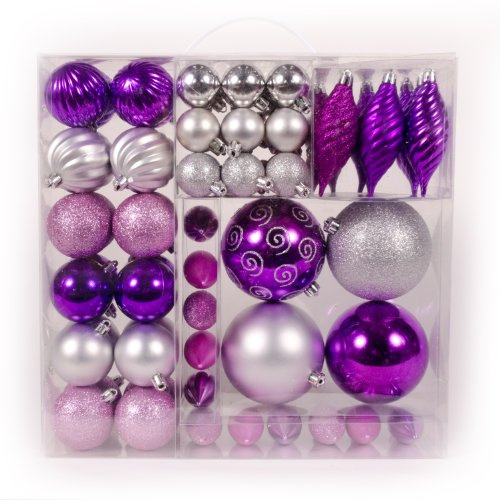 WeRChristmas 75-Piece Deluxe Variety Christmas Tree Baubles Decoration Pack, Pink/Purple/Silver/Fuchsia
