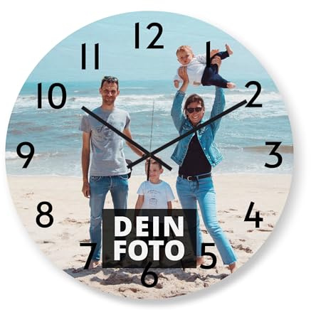 PhotoFancy® - Uhr mit Foto Bedrucken - Fotouhr aus Holz - Wanduhr mit eigenem Motiv selbst gestalten (60 cm rund)