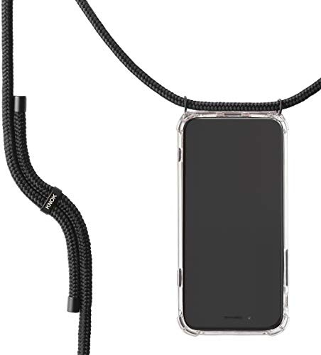 KNOK Premium Handykette für Apple iPhone 12 mini, All Black, transparent | Silikonhülle mit fest verbundener Kordel zum Umhängen, stoßfest, ideal für Festival, Konzert oder Alltag, robust