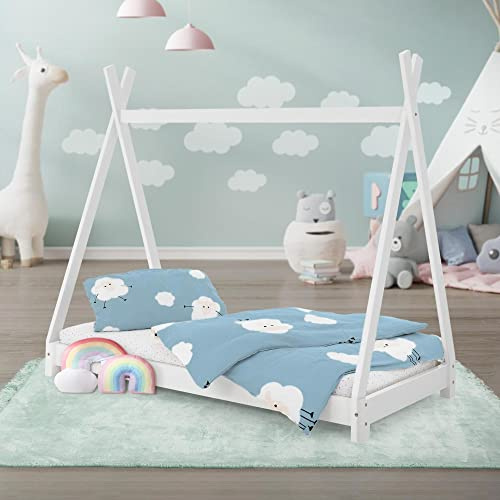 ML-Design Cama Infantil Tipi Blanca 70x140 cm Madera de Pino Maciza con Somier Estructura de Listones, Cuna de Suelo en Forma de Casa Tienda de Campaña de Indio Mobiliario Juego, Lecho Niño y Bebé
