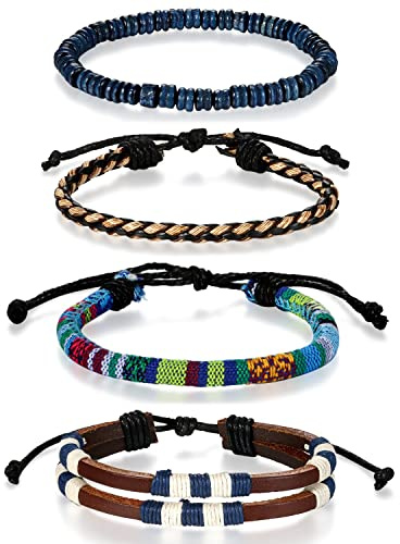 Flongo Men's Women Unisex Vintage Handmade Braided Leather Bead Surf Cuff Bracelet Set
