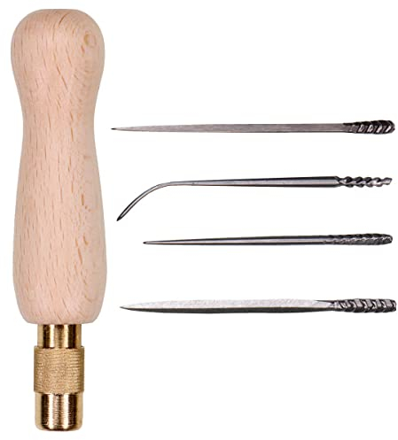 Premium 4+1 Ahlen Set mit Buchenholz Heft und scharf geschliffener Schwertahle | Leder Handwerk Werkzeug | Hand Nähen | Nadeln Polsterung | Leder Segeltuch DIY Nähzubehör