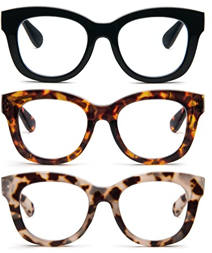 KoKoBin Paquete de 3 gafas de lectura de gran tamaño para mujeres con bloqueo de luz azul con bisagra de resorte para damas lectores de computadora, Negro, concha de tortuga negra, leopardo blanco