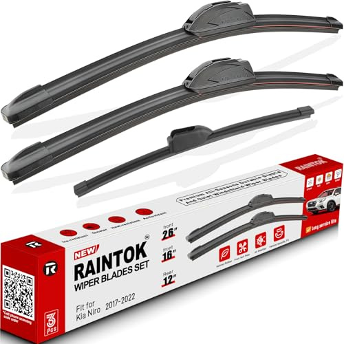 RAINTOK Windshield Wiper Blades Replacement for Kia Niro 2017 2018 2019 2020 2021 2022 Original Factory Quality Front Rear Wipers Blade Set for My Car - 26 16 12 (Pack of 3)