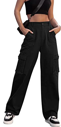 Breampot Womens Cargo Trousers High Waist Hiking Walking Combat Pants Casual Work Bottoms Outdoor Streetwear(Black,Large)
