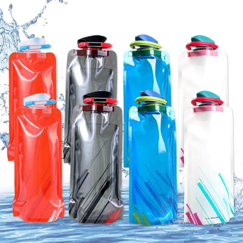 Faltbare Trinkflasche,700ML Flexible Zusammenklappbare Wasserflaschen, Wiederverwendbare Wasser-Flaschen Tragbarer Zusammenklappbarer Wassersack für Wandern Abenteuer Reisen Unisex Adult (8 Stück)