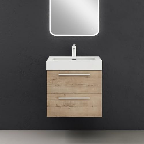 doporro Badmöbel-Set Waschbeckenunterschrank mit Soft-Close in Eiche Greige 60x48x60cm Waschplatz komplett Set inkl. Mineralguss-Waschbecken