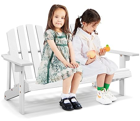 GOPLUS 2-Sitzer Adirondack Gartenbank für Kinder, Sitzbank aus Tannenholz mit Rückenlehne & Armlehnen, Terrassenmöbel für Garten Balkon, belastbar 100 kg (Gartenbank, Weiß)