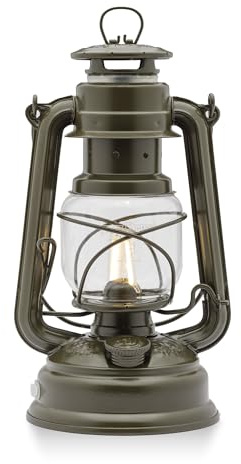 Feuerhand LED Laterne Baby Special 276 Olive - Dimmbare Tischleuchte | Made in Germany Retro-Leuchte mit 150 Lumen - Akku oder Batteriebetrieb - Bis zu 18 Tage warmweißes Licht für Balkon & Garten