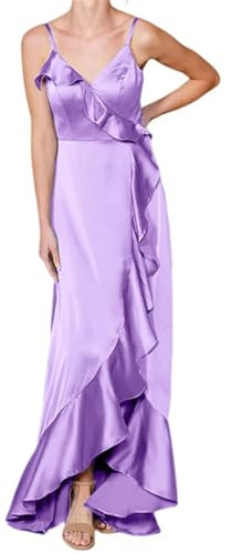 WSEYU Tirantes de espagueti Satén Vestidos de dama de honor Alto Bajo Volantes Cuello en V Vestido de noche formal Vestido de invitados de boda, Lila, 42