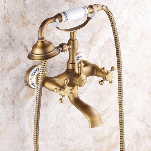 Wall Mounted Bath Mixer Taps with Shower Head Double Lever Retro Hand Shower Set Bath Taps with Shower Attachment Brass, Antique B Chaser of Light