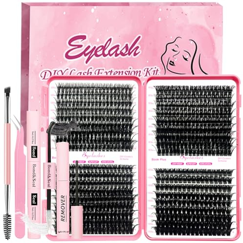 Qiveaory DIY Wimpern Extensions Kit 684pcs Einzelne Wimpern Cluster D Curl Wimpernverlängerungs mit Wimpernkleber und Sealer,Klebereste Entferner for Lashes,Pinzette Pinsel(10-18mm, 50D+60D+80D+100D)