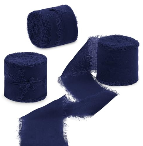 Uiopa 3 Rollos Cinta de Gasa, 4cm x 15m Cinta Regalo con Flecos, Cinta Azul Marino Decorativa de Tela para Envolver Regalos, Invitaciones de Boda, Ramo de Flores, Manualidades