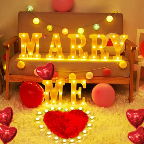 Marry Me Leuchtbuchstaben,dekoratives Kunststoff-LED-Festzelt-Buchstabenlicht mit 2000 Stück roten künstlichen Rosenblüten für die Dekoration des Heiratsantrags für den Außenbereich