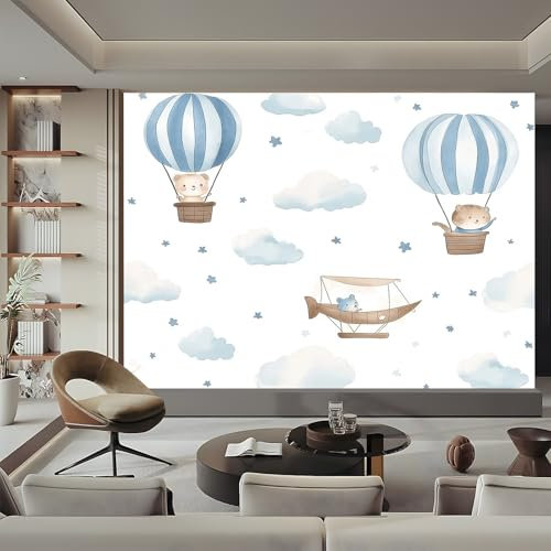 Fototapete Aquarell HeißLuftballon 3D Druck Vliestapete Wandgestaltung Perfekter Wandfüller 400 x 280 cm Wandtapete Wandbilder, Weiß Blau für Wohnzimmer Kinderzimmer TV Hintergrund
