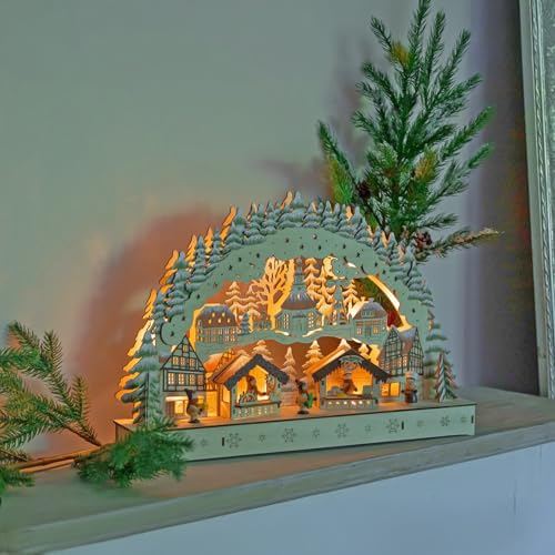 Spetebo Arco a LED in legno, 44 x 30 cm, motivo: mercato invernale, arco luminoso con motivo natalizio, decorazione natalizia, decorazione da tavolo, decorazione per finestre, per l'Avvento e
