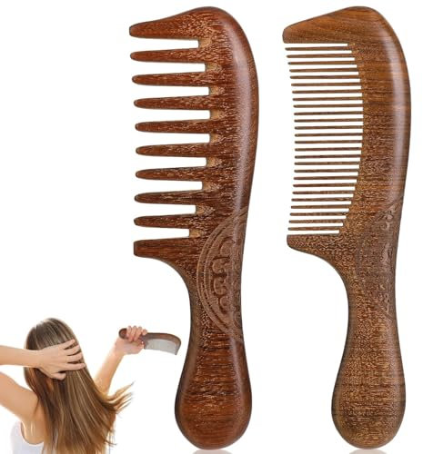 Lot De 2 Peignes En Bois De Santal Naturel, Peigne à Cheveux Durable Avec Parfum De Bois De Santal, Pour Massage Cheveux Longs Densément Fins,Peigne Barbe Naturel Durable Femmes Hommes Cadeau.