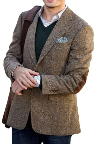 ORBITRAY Men's Tweed Blazer Jacket with Elbow Patches Men Winter Short Trench Coat Vintage Coat Brown