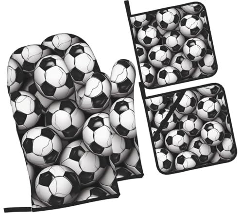 Ofenhandschuhe Und Topflappen-Set Schwarz-Weiß-Fußball-Muster Mit Aufhängeschlaufe Kochhandschuhe Leicht Zu Reinigen Backhandschuhe Für Dekoration Backen Küche Zubehör,4 Stck.