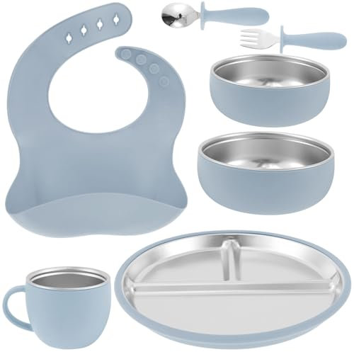 Set di stoviglie per bambini, in silicone e acciaio inox, con ventosa e rivestimento in silicone rimovibile, facile da pulire, portatile, piatto antiscivolo per bambini dai 4 mesi in su, colore blu