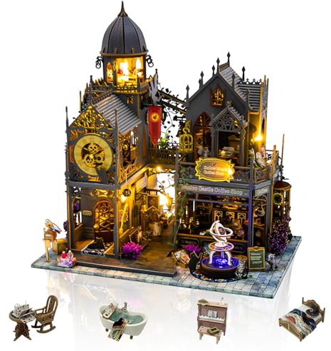 Cuteefun Maquette Maison Miniature a Construire, Maison de Poupée en Bois avec LED, DIY Artisanat Unique, Idéal pour Noël, Halloween et Les Anniversaires (Magic Castle)