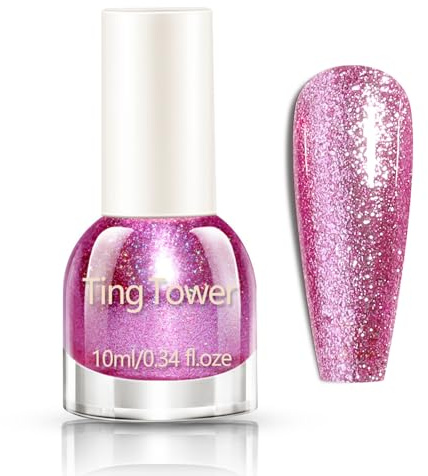 Glitter Nail Varnish - Shiny Pink Nail Polish -10ml Quick Dry Nail Varnish - High Glossy Sparkly Nail Polish For Women Girls - No Need Cure 7 Days Lasting