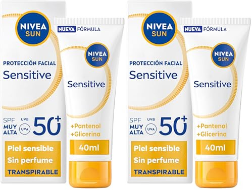 NIVEA SUN Sensitive Protección Facial FP 50 (1 x 50 ml), protector solar facial para piel sensible, crema sin perfume, crema solar 50 con 0% sensación pegajosa (Paquete de 2)