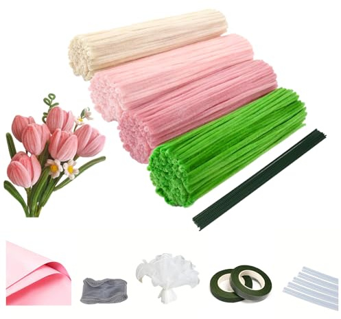 Fairblo 240 Stück Pfeifenreiniger Blumen Set in 4 Farben für Rosa Tulpen Blumenstrauß Pfeifenputzer Set mit Grüne Blumenstöcke Floristenband Klebestifte Band Packpapier