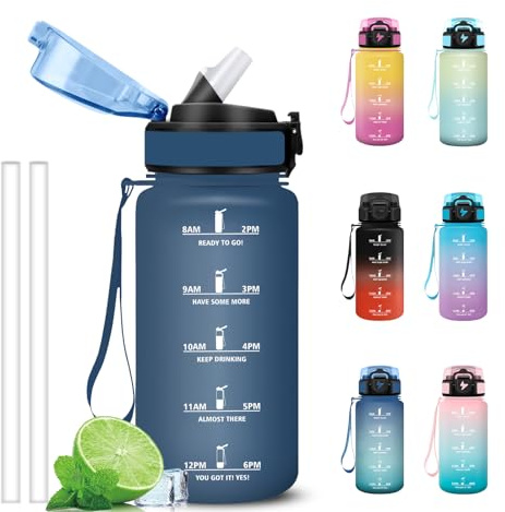 Grsta Gourde 500ml, Anti Fuite Gourde Enfant avec Paille, Verrou de Sécurité, Bouteille avec Marqueur de Temps, Facile à Nettoyer, Gourdes Motivationnelle pour l'école, Sport, Bureau