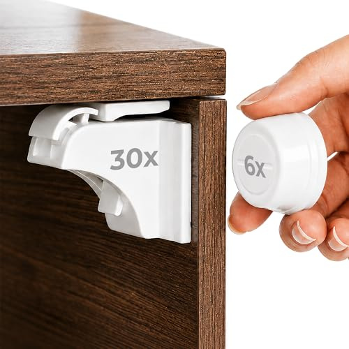 Hoffenbach Blocca Cassetti per Bambini, 30 Serrature + 6 Chiavi, Chiusura Magnetica per Cassetti e Ante, Sicurezza Mobili per Bambini – Bianco