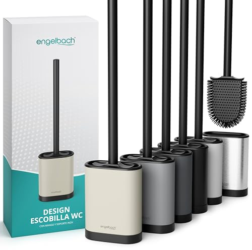 Engelbach® WC Bürste Silikon mit Edelstahl Griff & Halter, Flach, Sand | Antibakterielle Toilettenbürste Wandmontage ohne Bohren – Klobürste, Klobürstenhalter inkl. Ersatzbürstenkopf