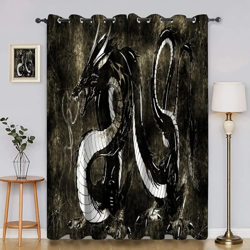 BSYYZQC Retro Vorhänge, Fenstergardinen Schwarzer Drache Outdoor Vorhang Wetterfest mit ösen, für Kinderschlafzimmerbadezimmerküchentür-Heimdekor 2er Set 245x140cm (HxB)