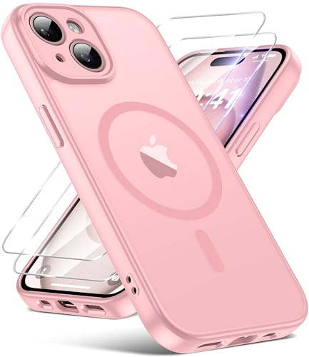 FLLAO Magnetic for iPhone 15 Case with 2 HD Screen Protector, Pink | 2 Tempered Glass, Full Camera Protection, Military-Grade Shockproof, Slim Translucent Matte Hard Back Bumper Phone Cover