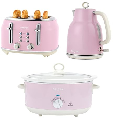Salter Retro Pink Toaster, Kettle & Slow Cooker Set – 4-Slice Wide Slot Toaster with 6 Browning Levels, 1.7L 3KW Rapid Boil Kettle, 6.5L Electric Ceramic Cooking Pot with 3 Heat Settings | Wide Slot Toaster With 6 Browning Levels, 3kW Rapid Boil, Keep Warm Setting, Removable Crumb Tray, Limescale Filter