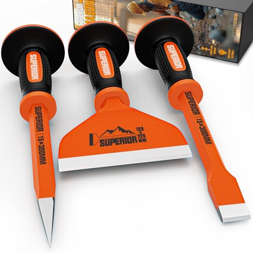 KIRXST 3PCS Heavy Duty Masonry Chisel Set with Hand Guard, 12 Inch Point & Flat, 8.5 Inch Brick Chisel, Stone Rock Concrete Chisel Tool for Breaking, Splitting, Cutting and Demolition