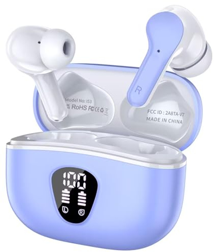 Casque Bluetooth sans fil Bluetooth 5.4 intra-auriculaires, 4 ENC réduction du bruit, basses profondes stéréo HiFi, autonomie de 40 h, écouteurs étanches IP7, contrôle tactile, affichage LED, violet