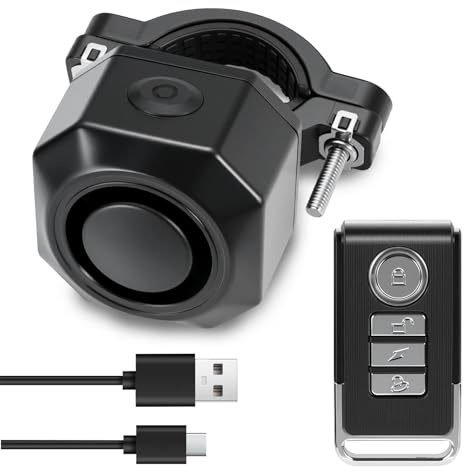 Fahrrad Alarmanlage mit Fernbedienung, USB-C wiederaufladbare 110dB laute Diebstahlschutz Alarm, IP65 wasserdichter Erschütterungs-Vibrationssensor für E-Bike Motorrad Roller Scooter