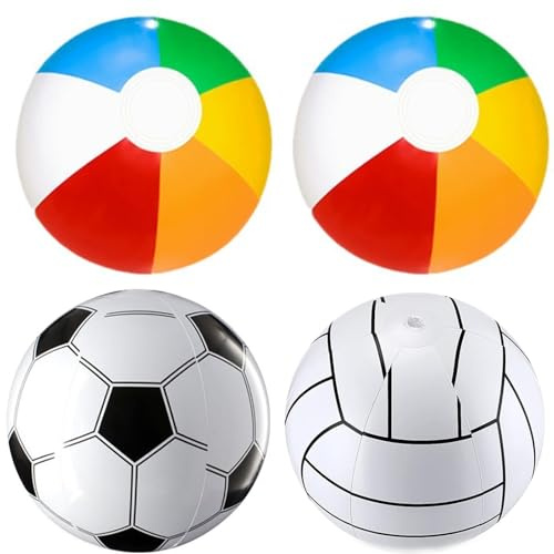 4pcs 11 Inch Inflatable Beach Balls,Inflatable Beach Balls Set,Four Colourful Inflatable Pool Toys Including Two Multicolour Balls,One Football Design and One Volleyball Design for Summer Games
