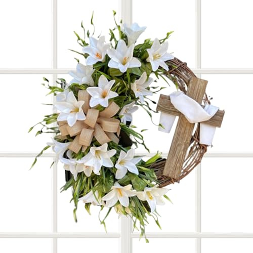 Ghirlanda Pasquale – Decorazione Natalizia Con Croce Di Giglio Bianco, Ghirlanda Decorativa Da Appendere Alla Parete, Composizione Floreale Artificiale, Ornamento Da Parete Primaverile Senza | C