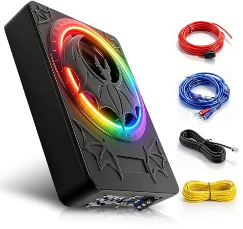 VECHTEL Caisson de Basse Voiture Ultra Fin 7cm Sous Siège, Caisson Actif Puissance Crête 1200W avec Son Surround 360°, Réglage Phase 180°, Filtre Passe Bas, Éclairage RGB Compatible Berline SUV Pickup