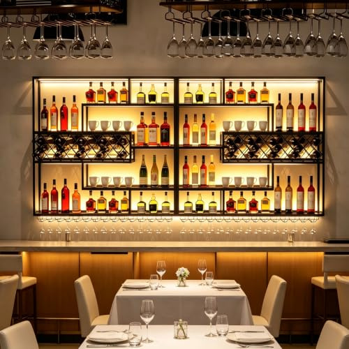 AUSKLEZU Estante de Pared para Vino con Rejilla y Luz LED | Botellero Industrial de Metal | 4Niveles con Soporte para Copas | Decorativo para Bar y Cocina(300CM)