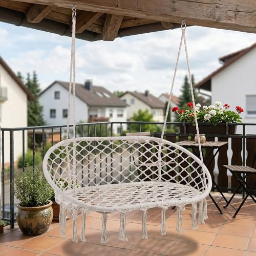 casa.pro Hängesessel Kailua Hängeschaukel für 2 Personen Boho Gartenschaukel 135 x 129 x 65 cm Hängekorb Sessel Indoor Outdoor bis 200 kg Cremeweiß