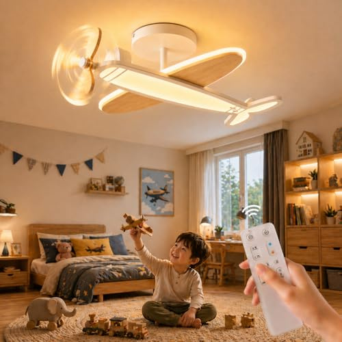 zenlavia Kinderzimmer Deckenlampe Flugzeug mit Fernbedienung, LED Deckenleuchte dimmbar 3000K–6500K, Deckenlicht Kinder Jungen, Nachtlicht mit Timer & Memory, 40W, 4000lm, Holzoptik