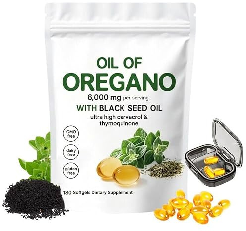 Oil of Oregano Softgels, Oregano & Black Seed Oil Capsules, 2 in 1 6000mg Oil of Oregano with Black Seed Oil 200mg, 180 Softgels, Gentle Daily Support, Gluten Free