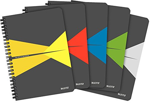 LEITZ OFFICE Blocco per Appunti, Formato A4 , Rilegatura a Spirale, Copertina in Cartoncino, 90 Fogli, Quadretti, Colori Assortiti, Confezione da 5 - 46470099