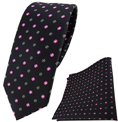 TigerTie - schmale Designer Krawatte Designer Einstecktuch in schwarz silber rosa gepunktet