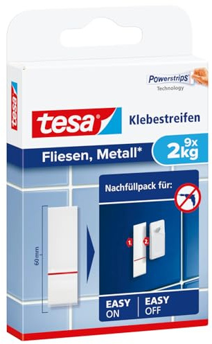 tesa Powerstrips Klebestreifen für Fliesen und Metall, 2 kg, 1 x 9 Streifen | Doppelseitige Klebestreifen für feste, glatte Flächen - selbstklebend, mit bis zu 2 kg Haltekraft pro Streifen